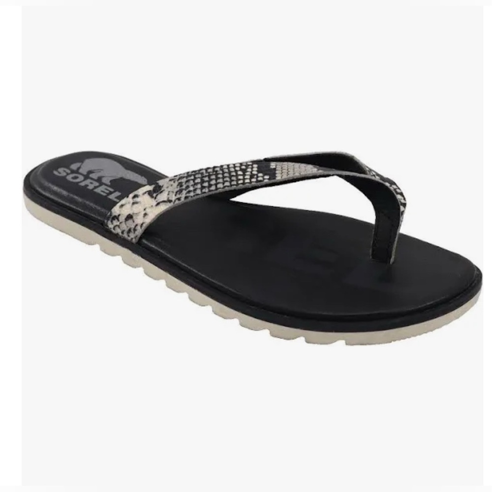 SOREL Ella II Snake-Print Leather Flip-Flops Black Size 9